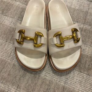 Boden Cream Mules with Gold Buckle
